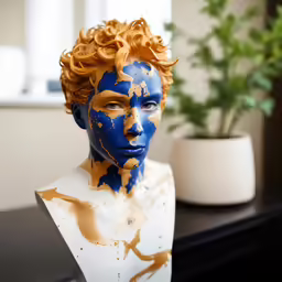 a clay mannequin is covered in blue and gold paint