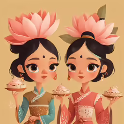 two asian women holding doughnuts and a flower