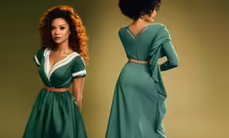 a woman in a green dress with two dresses