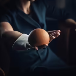 a woman holding an orange that is on her hand