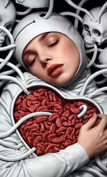 an illustration of a human being protected by a heart surrounded by skull skulls