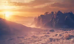 the sky is very cloudy and the rocks and bushes are barren