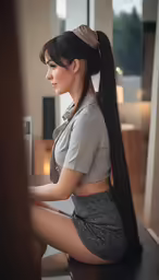 a girl sitting on a counter with her hair pulled back and dressed in high school fashion