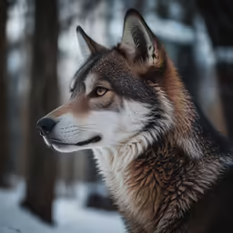 a lone wolf is looking at something in the woods