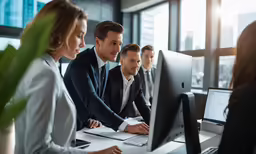 people sitting in a row at a table working on computers