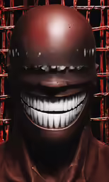 an evil smiling person with a fake tooth and red hair