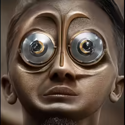 the face of a person with metal parts and round eyes