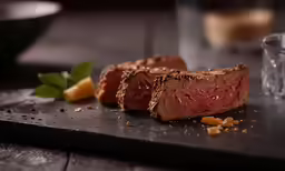 three sliced pieces of steak next to an empty glass