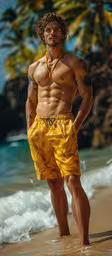 a shirtless man in yellow swim trunks is on the beach,a man is wearing yellow and getting ready to go swimming