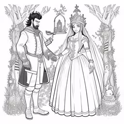 a coloring book page featuring two prince and princesses,a man and woman are looking at each other in black and white