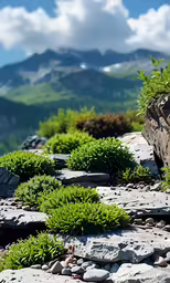 a small rock and stone pathway between rocks with plant life on top of it