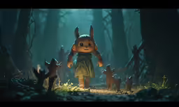 several people in a forest with large animals