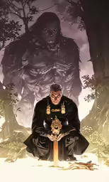 a man sitting on the ground near trees with a sword