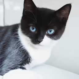 a close up of a cat with blue eyes sitting on a table