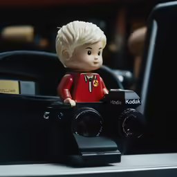 a little boy in red sitting in a car holding a camera