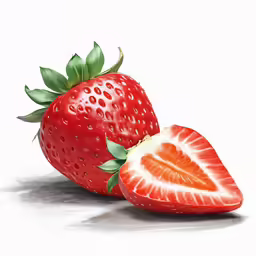 two strawberries sitting side by side in a white background