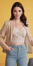 a woman wearing jeans and a jacket