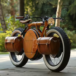 a wooden bicycle with large tires is on the sidewalk,a old style motorcycle sitting in the middle of a park