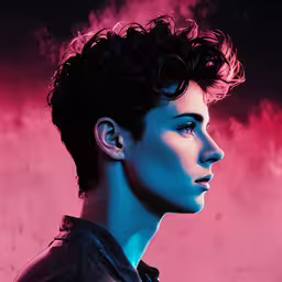 a female with blue and pink light in a black leather jacket,a woman