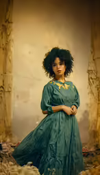 a woman standing next to a pile of rubble wearing a green dress