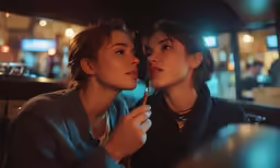 two women with necklaces and hair clips in a restaurant, one eating from a spoon