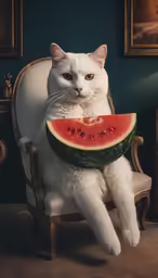 the cat sits in the chair while eating a piece of watermelon