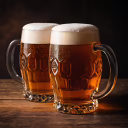 two mugs filled with beer are lined up on the table