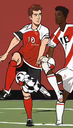 two soccer players in red and white playing ball,the two men are playing soccer on the field