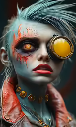 an eyeball on a woman that has dyed blue hair and orange eyes