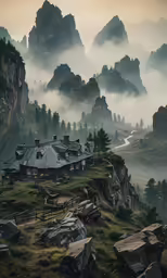 an asian village in the mountains during foggy day