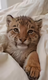 a small tiger cub sits in a bed, peeking out from under the covers