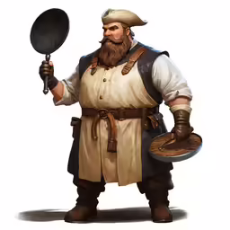 a man wearing a full dress and holding a frying pan