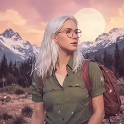 a woman with glasses and a backpack staring at the sun