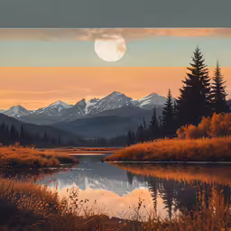the sun is shining brightly over mountains and a lake,the mountain range is covered in orange, yellow and white