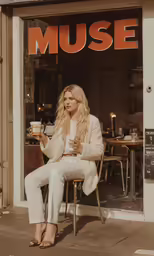a woman sitting on a chair outside of a music store holding a cup of coffee