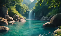 there is a body of water that is in the woods