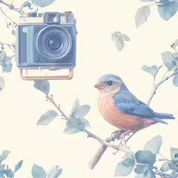 a bird sitting on a branch with a camera mounted to its back