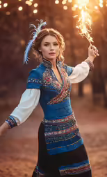 woman wearing mexican clothing and holding a firework with her right hand