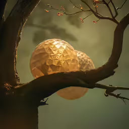 the ball sits on top of the tree branch