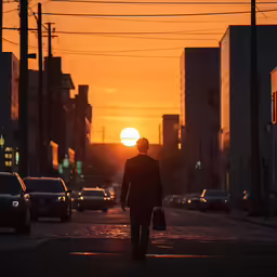 a man walking down the street with his luggage