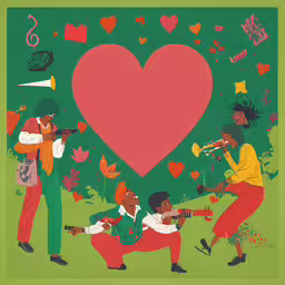 three people are in the midst of a painting that has been drawn onto,a painting depicting musicians holding instruments with a large heart