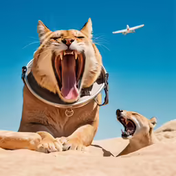 a cat sitting on the ground has its mouth open