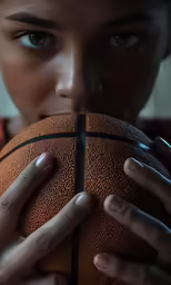 a person holding a basketball in front of their face