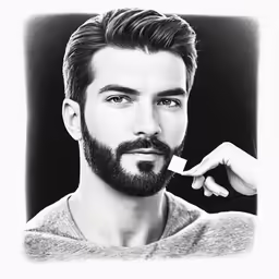 a man with a beard is looking to his left with a tooth brush in his mouth