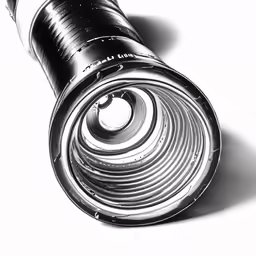 black and white photograph of lens on a white background