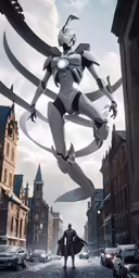 an image of a person dressed in an armor outfit and a robot