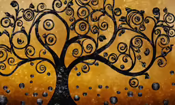 a painting of a tree with many circular designs on it