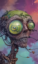 an artistic painting of a human skull with eyes open