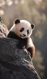a giant panda climbing up the side of a tree