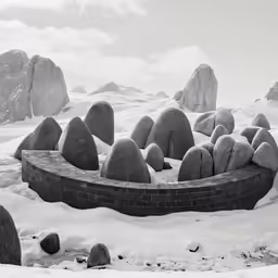 large boulders and boulders are in the snow